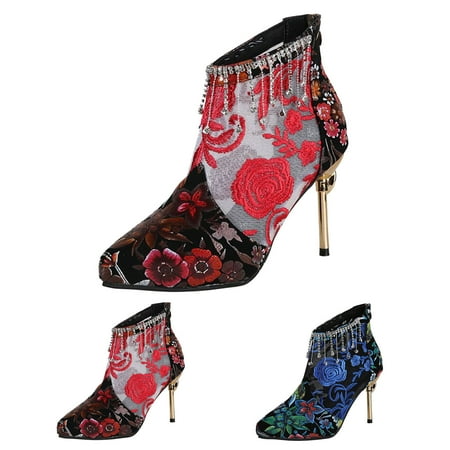 

Cathalem Fashion Spring And Summer Women Sandals Super High Heel Mesh Breathable Embroidery Flower Bejeweled Sandals for Women Red 9