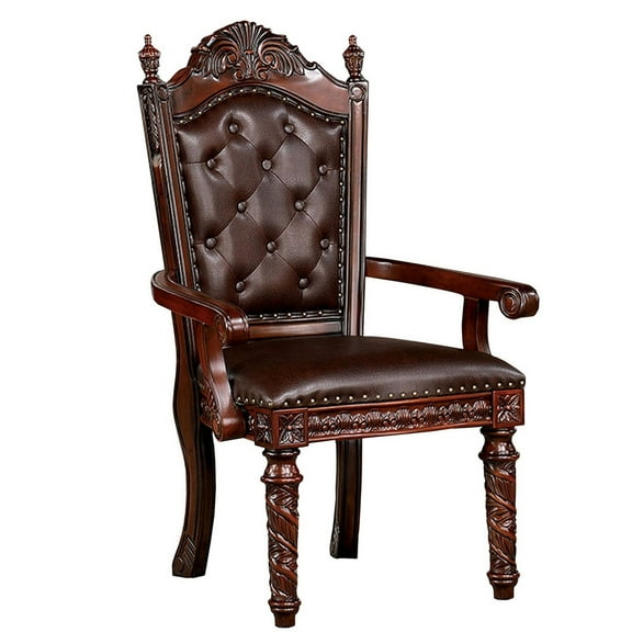 Iga 29 Inch Tufted Dining Armchair, Set of 2, Brown Faux Leather, Nailhead