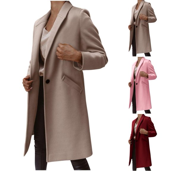 Juebong Womens Open Front Pea Coats Elegant Button Classic Lapel Long Trench Coats Loose Fall Winter Wool Blend Overcoats with Pockets Pink,XXL