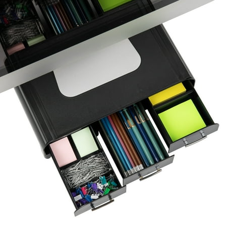 Mind Reader - Monitor Stand, Laptop Riser, Desktop Organizer, Storage Drawer, Office, Plastic, 13.5"L x 13"W x 4"H - Black