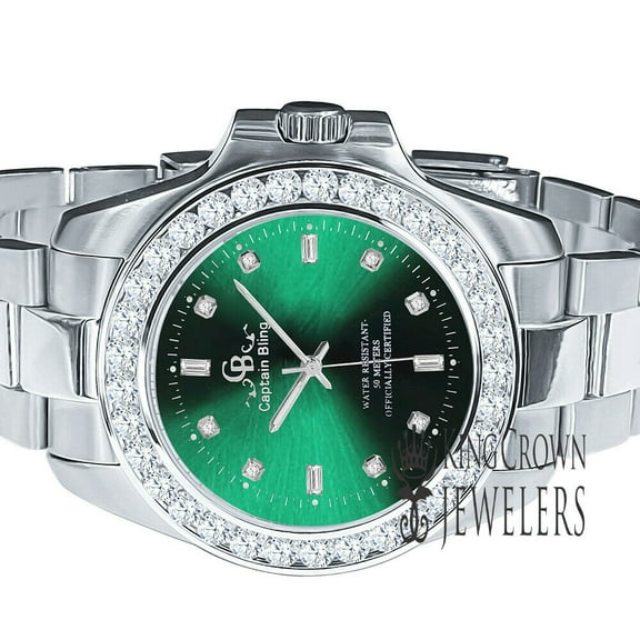 Mens Solid Stainless Steel Green Dial Simulated Diamonds 18K White Gold Finish Watch 42mm