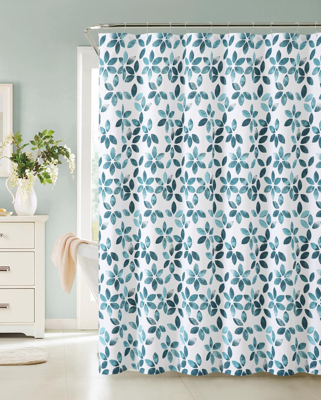 Primitive Striped Floral Design Aqua Blue Fabric Shower Curtain 70 by 72 