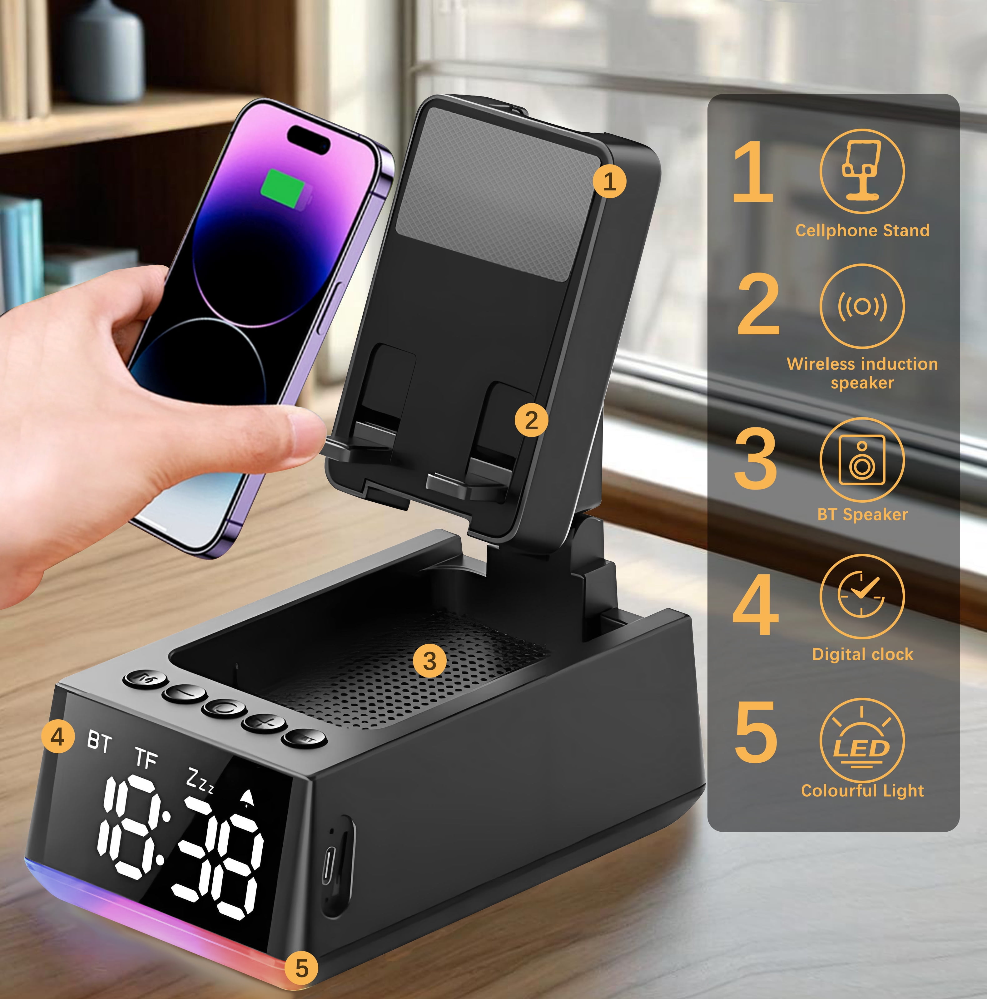 Wireless Induction Speaker Bluetooth Speaker Phone Stand with Auto-Sync Alarm Clock, HD Display & Adjustable Holder, Unique Gifts for Men Women, Dad Mom