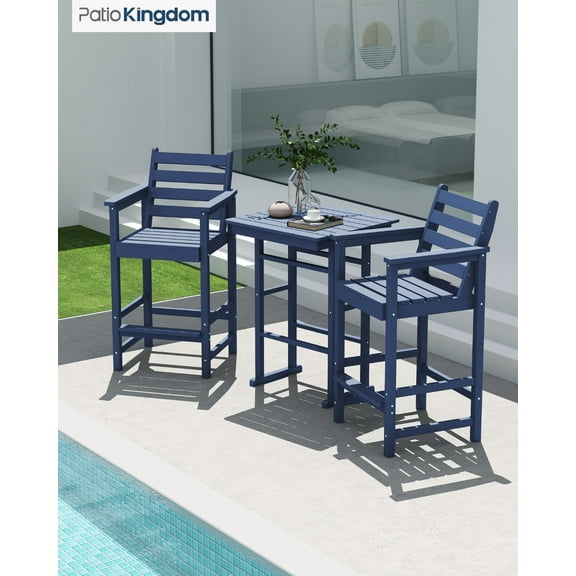 Patiokingdom Balcony Adirondack Chairs and Table 3 Pieces Set, Adirondack Bar Height Chairs Set of 2 and Bar Table, Outdoor Bar Stools Set for Bistro, Poolside, Backyard,Navy