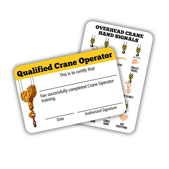 Qualified Crane Operator Certification Card 5 pk 3.5x2.25 Plastic Wallet Training Certificate Fill in Name Completion Hard Hat OSHA Checklist Bulk ID Tag Overhead Crane Hand Signals