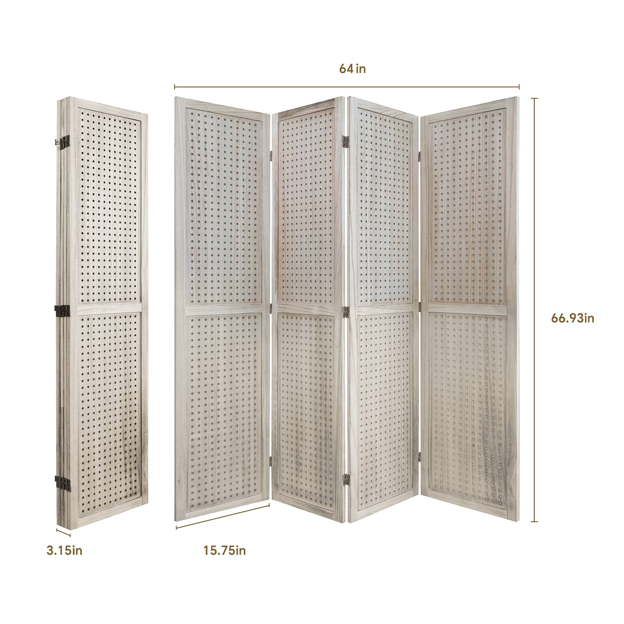 MAYEERTY 4 Panel Room Divider, 5.6Ft Wooden Freestanding Privacy Screen with Shelves, Natural Wood
