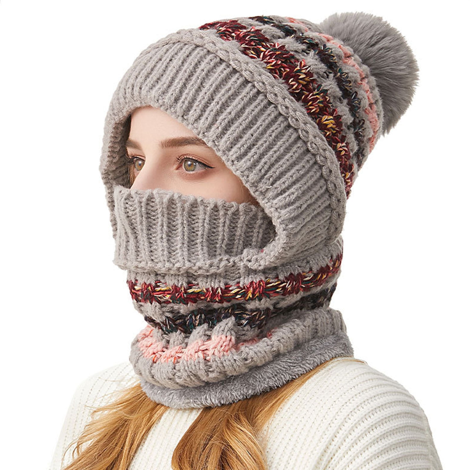 Cadancy Women Winter Hats 3 In 1 Beanie Hat with Scarf and Mask Chunky Knitted Color Block Snow Caps Pompom Cute Warm Stocking Cap Windproof Cozy Cold Weather Balaclava