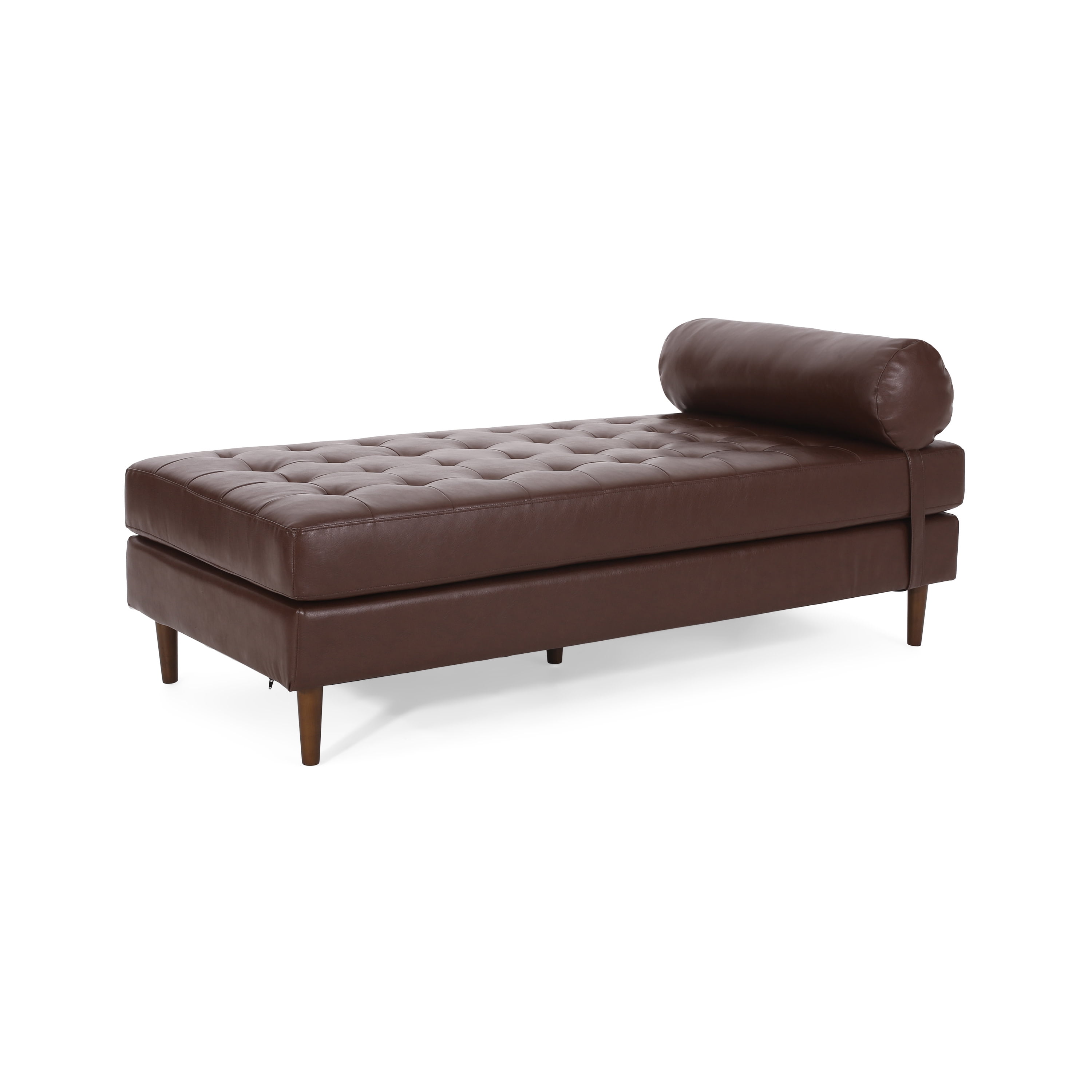 GDF Studio Elkjer Mid Century Modern Faux Leather Tufted Chaise Lounge with Bolster Pillow, Dark