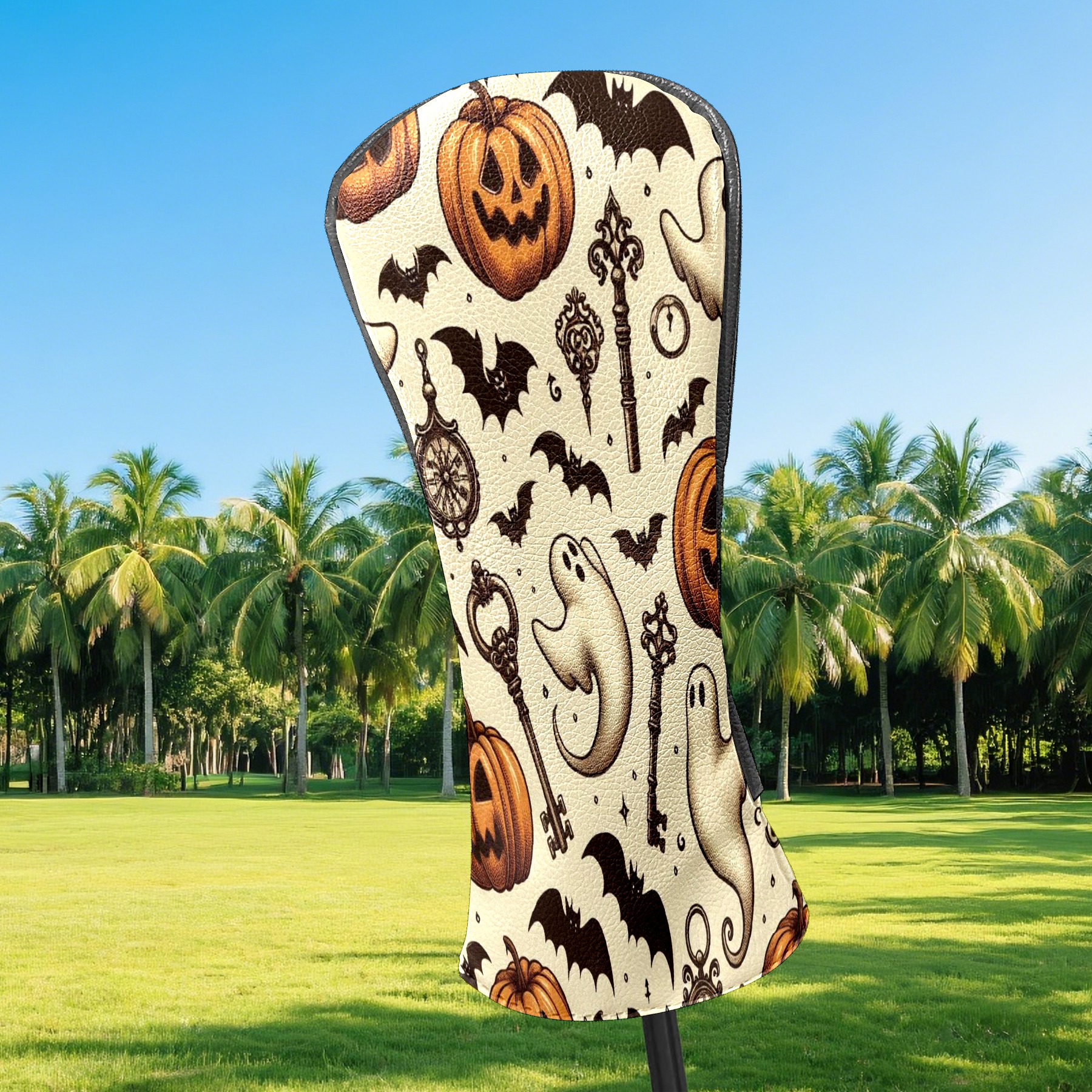 Golf Club Head Covers LightBrown Pumpkin Ghost Key for Driver and Fairway Woods, Premium PU Leather, Waterproof, Velvet Lining, Unisex Golf Gift