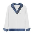 thumbnail image 4 of ManxiVoo Women's Denim Patchwork Sweatshirt Casual Lapel V Neck Long Sleeve Pullover for Street Style L Size White, 4 of 7