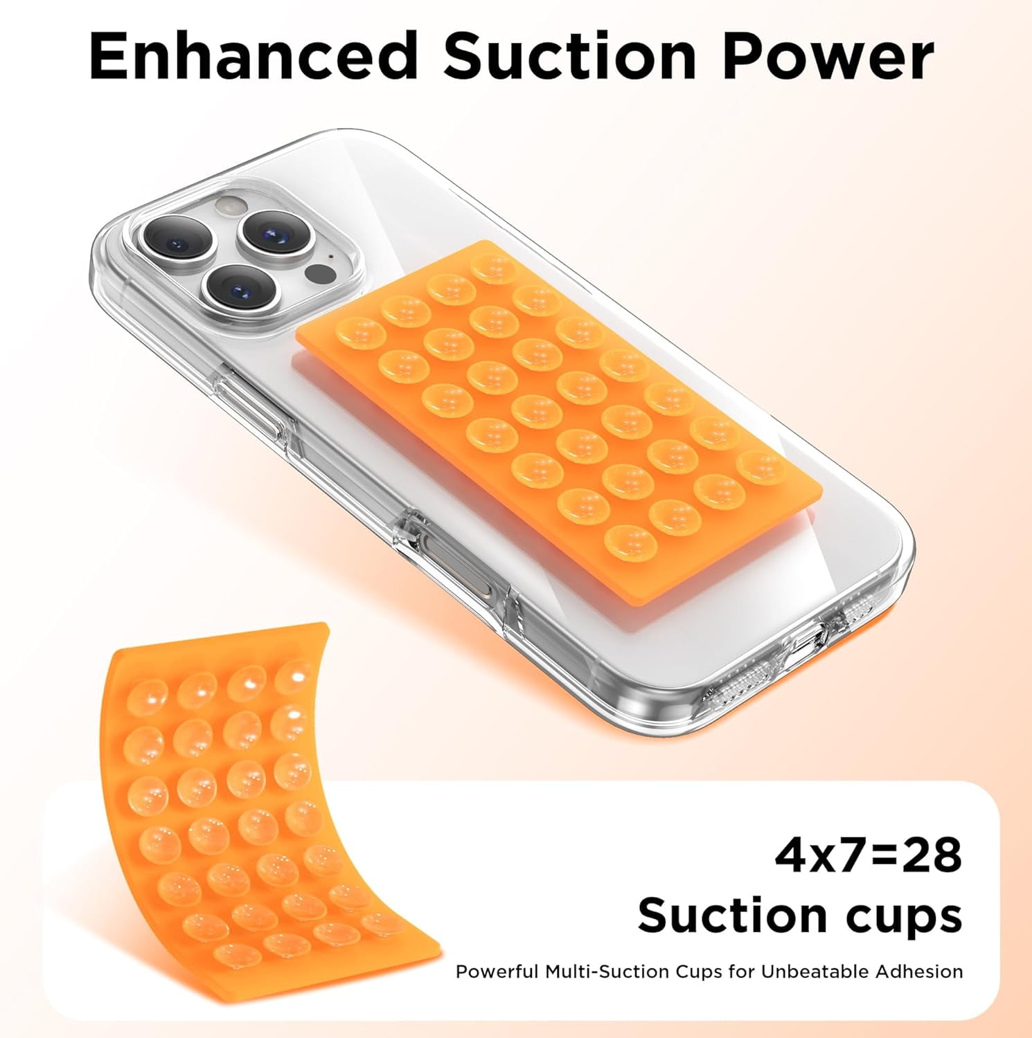 MKEUDQ-2 Pack Silicone Suction Cup Phone Case Mount Double-Sided, Hands-Free Strong Grip Holder for iPhone and Android, Sticky Phone Stand for Selfies and Videos, Orange+Transparent