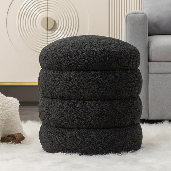 Modern Round Ottoman, Soft Bedroom Ottoman Footstool Round Ottomans Stool for Living Room, Bedroom, Makeup Room, Black, Boucle