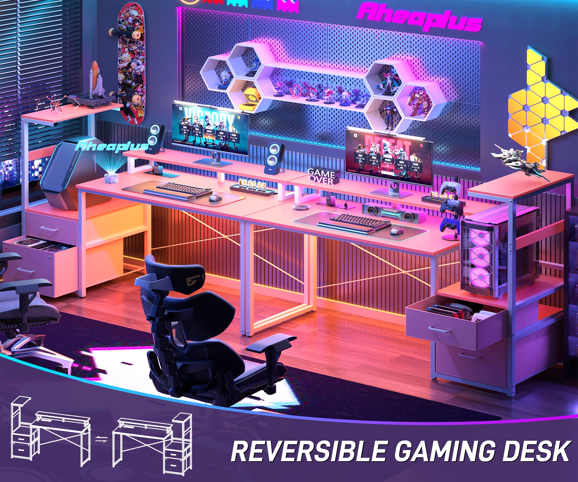 Homieasy Gaming Desk with LED Light Strip and Power Outlet, 59 Inch Reversible Computer Gaming Desk with Monitor Stand & Drawers, Pink