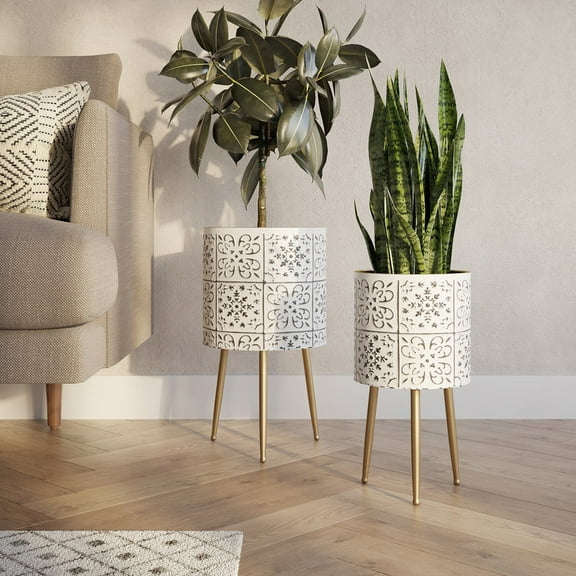 2-Piece Modern Metal Planter Pot With 3-Leg Gold Metal Base - White & Black - 20"H x 10.5"W / 15.75"H x 8.5"W