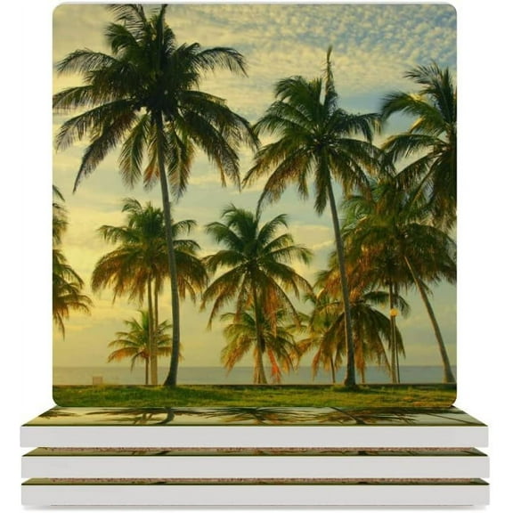 GZHJMY Square Drink Coasters, 4 Pcs Sunset Beach Palm Trees Absorbent Ceramic Coffee Coasters for Drinks with Cork Base Housewarming Gift for Home Decor