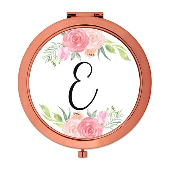 Koyal Wholesale Compact Mirror Bridesmaid's Wedding Gift, Rose Gold, Monogram Letter E, Peach and Pink Roses, 1-Pack