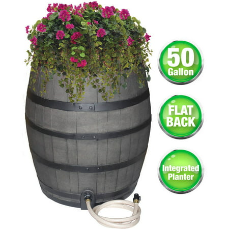 Rescue 50-Gallon Whiskey Rain Barrel with Black Bands – Includes Planter, Rain Water Diverter, Outlet Hose – Flatback Design –