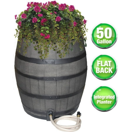 Carnelian Barrel - Rescue 50-Gallon Whiskey Rain Barrel with Black Bands – Includes Planter, Rain Water Diverter, Outlet Hose – Flatback Design – Gray