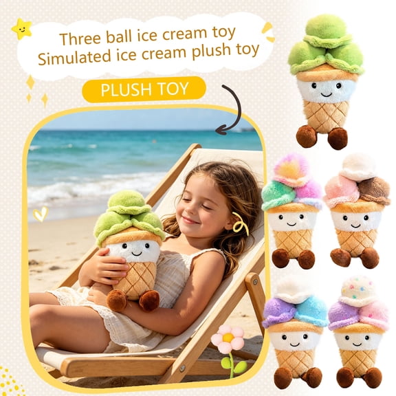 Cute Stuffed Animal, Ice Cream Plush, Triple Scoops Waffle Cone Plush, 10X6 in Fuzzy Kawaii Plush Toys, Soft Cuddly Stuffed Animal for Kids, Ideal for Nursery Decor, Birthday Gift