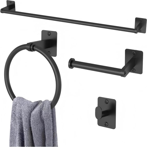 Matte Black Bathroom Accessories Set,  Bathroom Hardware Set with 24 Inch Towel Bar, Wall Mounted Towel Rack, Robe Hooks and Toilet Paper Holder 4Pcs