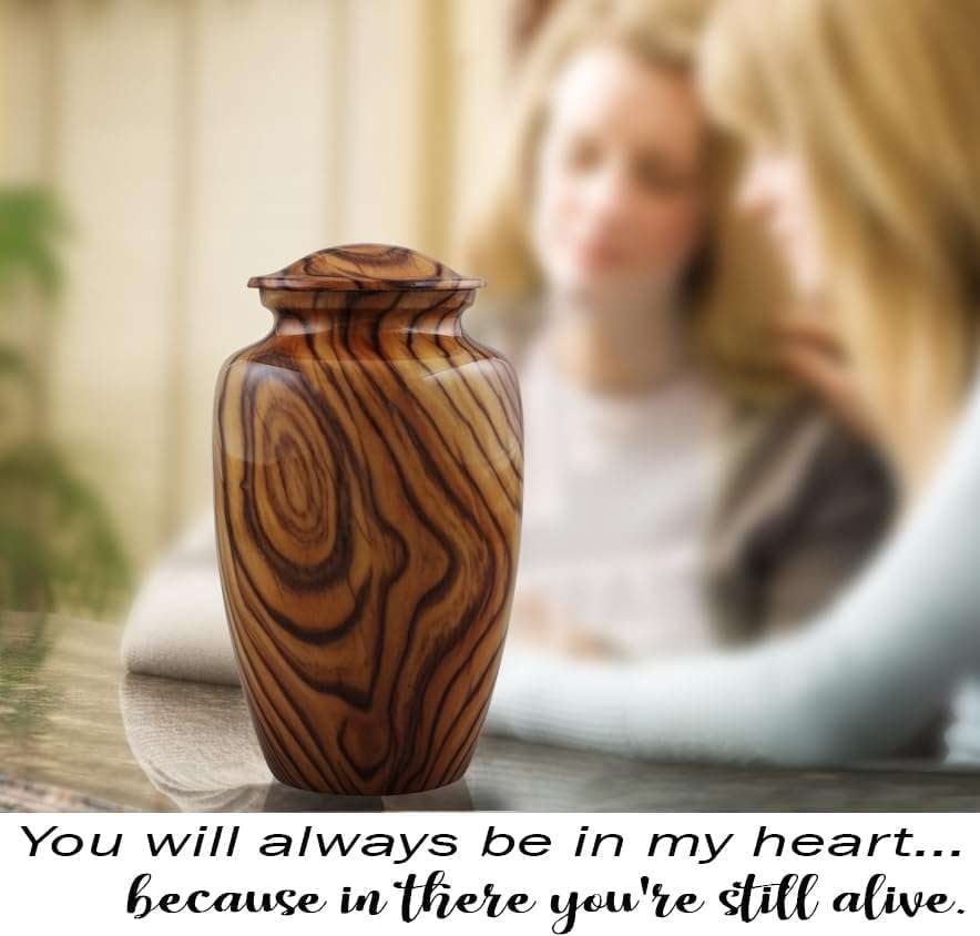 Walnut Grain Print Cremation Urn for Human Ashes Full Size Metal Urn Teak Wood Finish Adult Memorial with Velvet Bag 6x6x10.5 Inch Holds Up to 200 Cu In