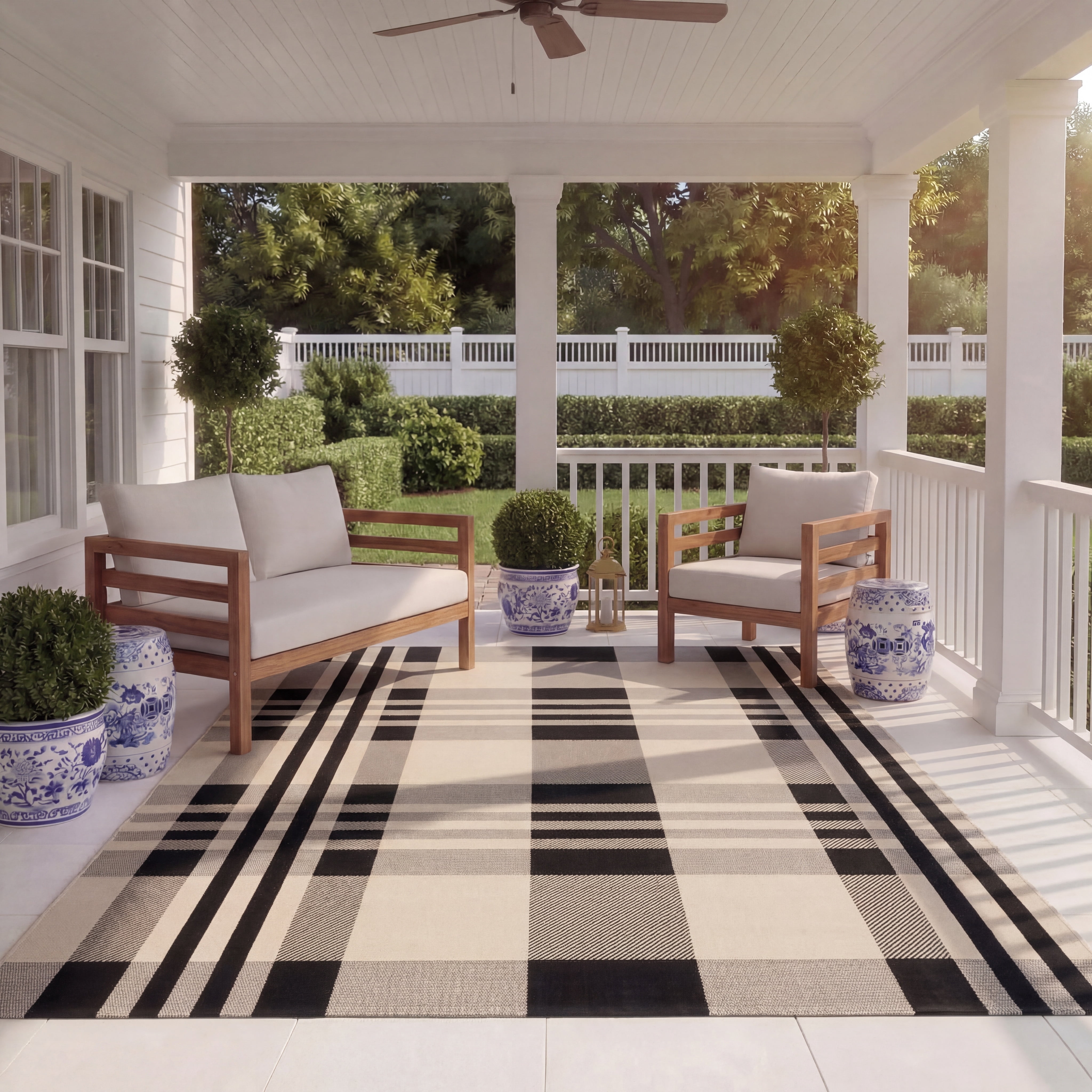 Safavieh Courtyard Benjamin Plaid Indoor/Outdoor Area Rug, Black/Bone, 5'3" x 5'3" Square
