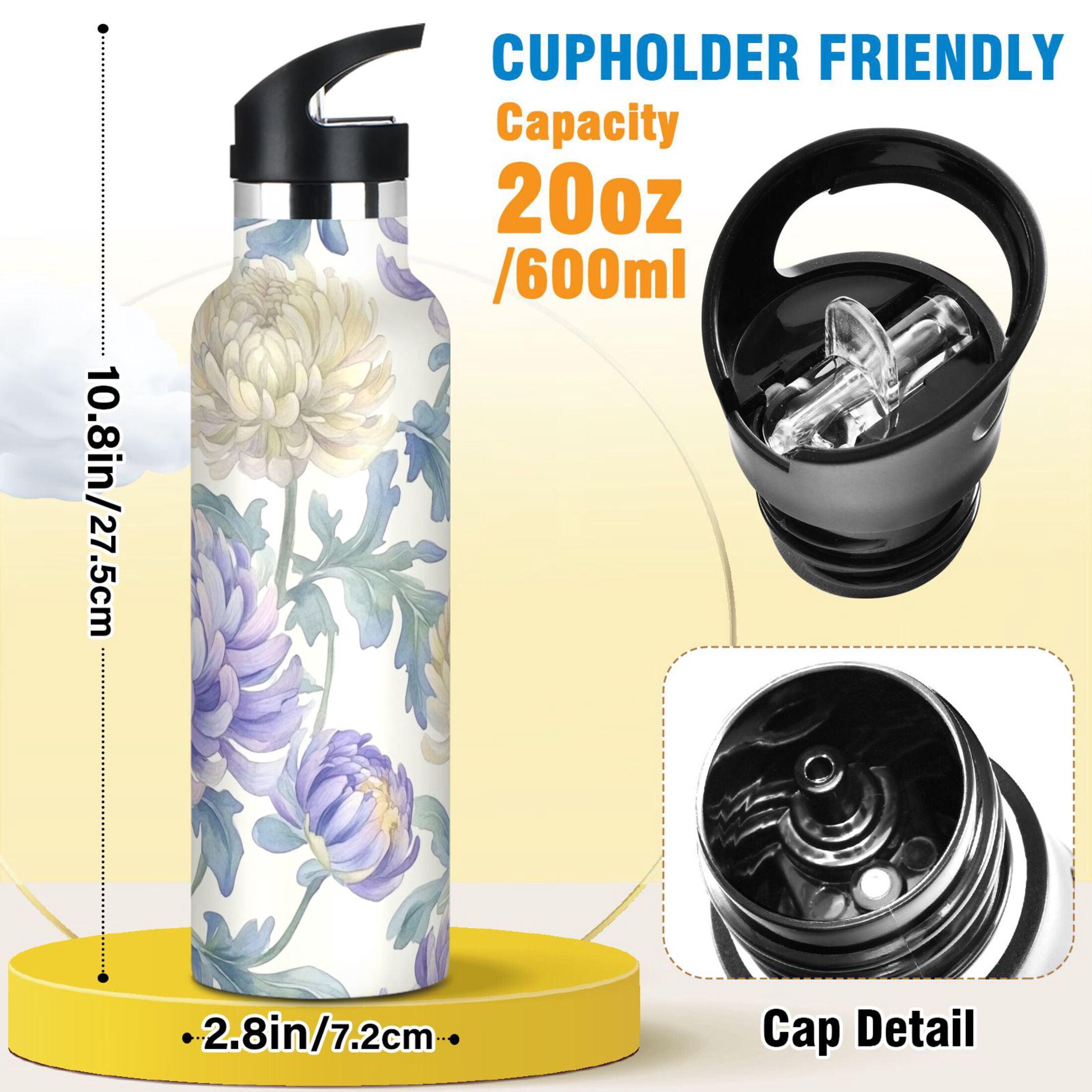 600ML Stainless Steel Insulated Cup Sports Water Bottle Portable Thermos Cup Water Glasses Insulated Tumblers Convenient and Durable Lavender Chrysanthemums