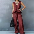thumbnail image 6 of mihongmao 80s Outfit for Ladies Date Night Sets Women's Casual Summer Beach Loose Two Piece Outfit Sleeveless V Neck Ruffle Top Wide Leg Pants Set Wine M, 6 of 9