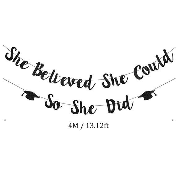 She Believed She Could So She Did Banner Decorations - Black Glitter She Did It 2026 Garland Graduation Bunting Banner