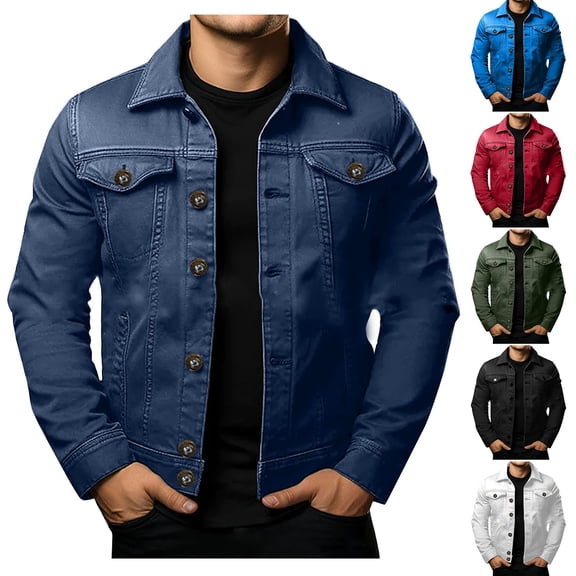 Danhjin Men's Faux Denim Jackets Button Down Lapel Jean Jackets Fall Winter Long Sleeve Loose Casual Comfy Cotas Outwear