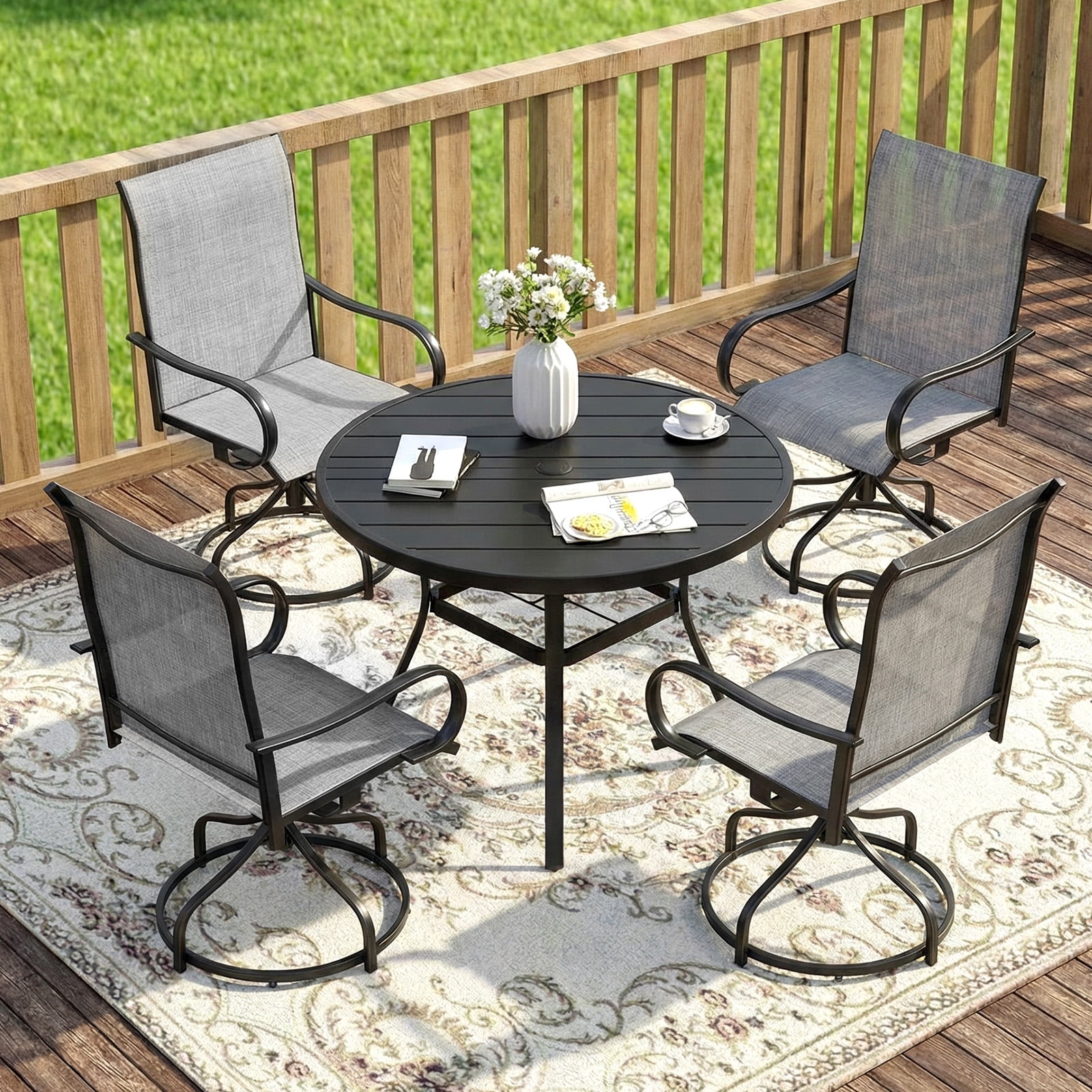 Arlopu Patio Swivel Chair Set of 4, Outdoor 360° Rocker Dining Chairs W/ 24" High Back & Ergonomic Armrest for Backyard Garden Deck, 330LBS, Gray