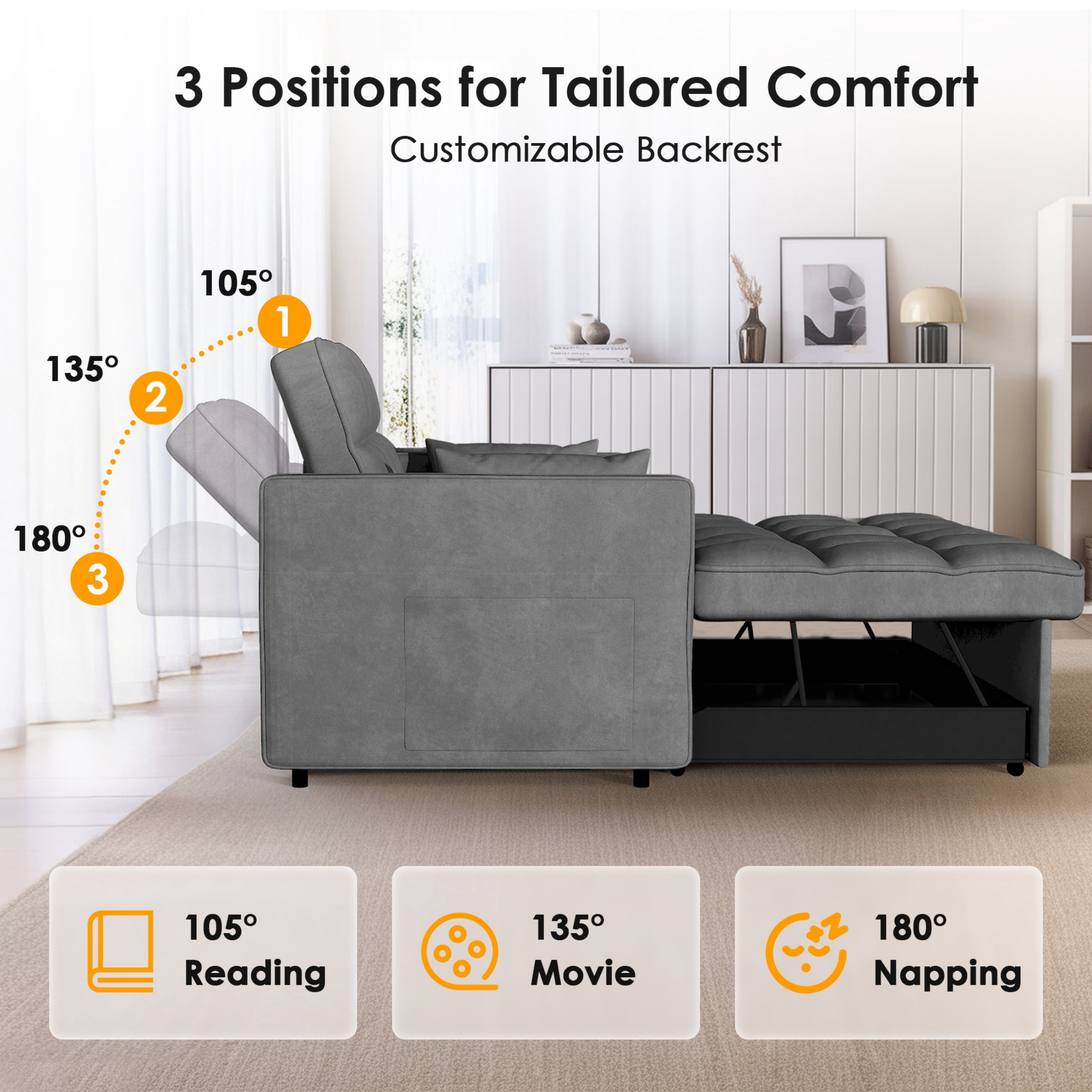 Anpport 3-in-1 Convertible Sleeper Sofa Bed, Pull-Out Loveseat Couch with Adjustable Back, Velvet Fabric, 55", Gray