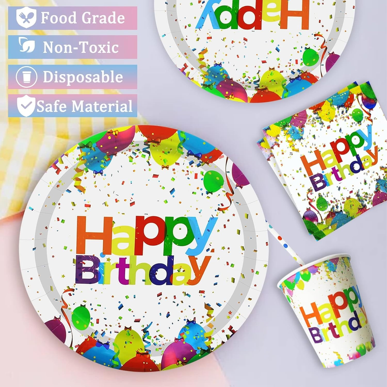 121 Pcs Birthday Party Tableware Set, Boriyuan Birthday Party Supplies with Paper Plates and Cups, Napkins, Straws, Tablecloth, Serves 24 Guests