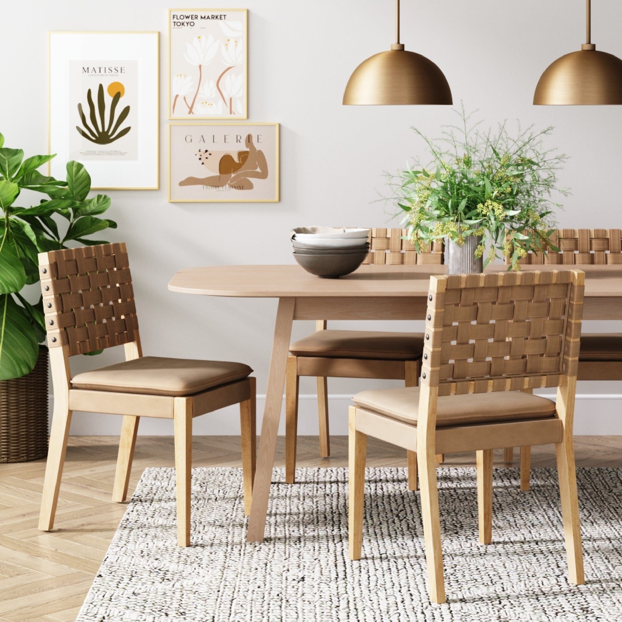 Nathan James Cohen 19 in. Wood Dining Chair, Mid-Century Modern Upholstered Side Chair with Hand Woven Faux Leather Backrest, Natural Brown