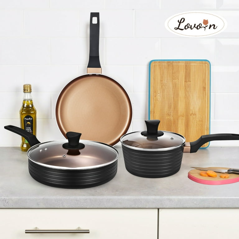 LovoIn 5-Piece Aluminum Nonstick Cookware Sets Black & Copper