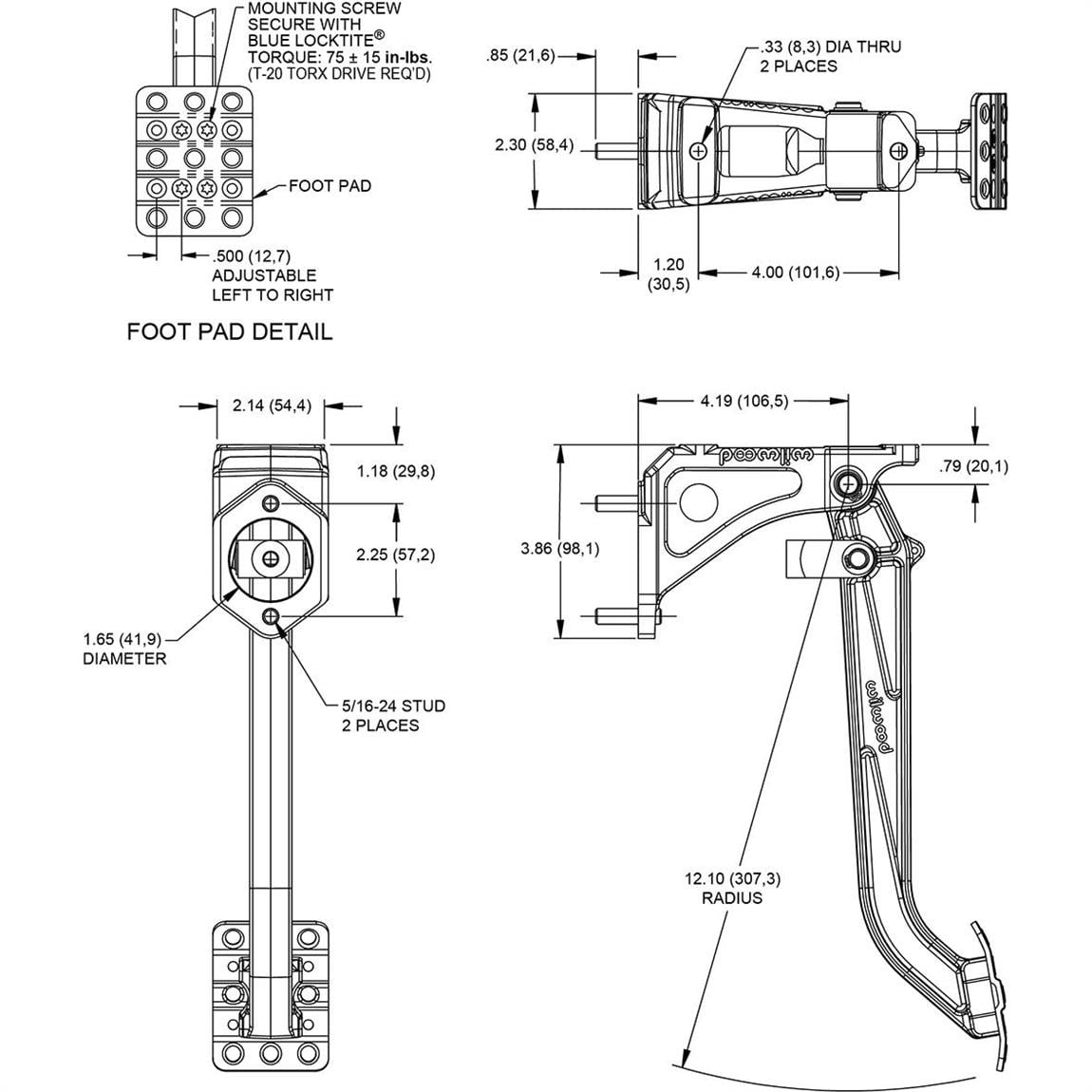 Wilwood Clutch Pedal Assm Rev. Mnt 6:1 Ratio Adj Pedal