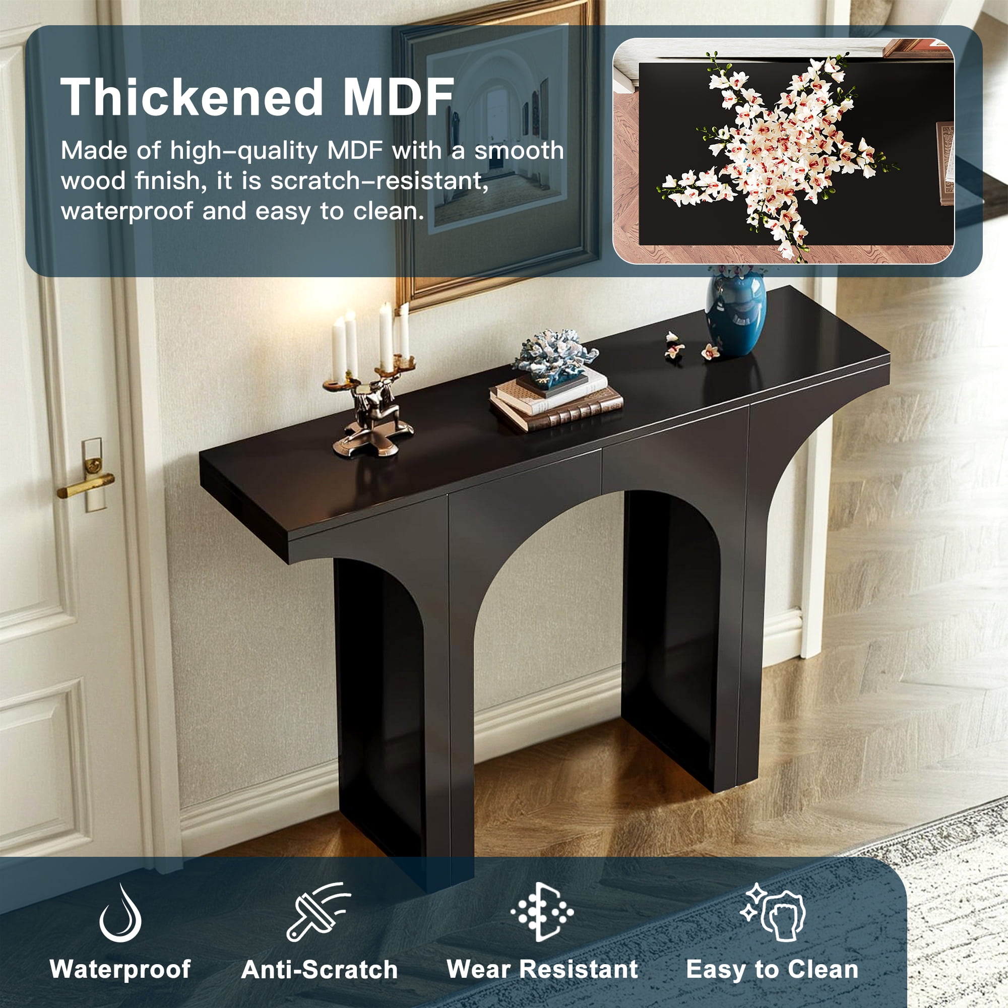 Demi Bonn 47" Console Table, Wooden Entryway Table Sofa Table with Arch Base for Hallway, Bedroom, Living Room, Black