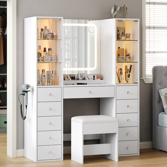11 Drawers Makeup Vanity with Charging Station, Vanity Desk with LED Mirror & 2 Glass Cabinet, 3 Color Modes, Brightness Adjustable, Glass Top, Dressing Table with Chair for Bedroom