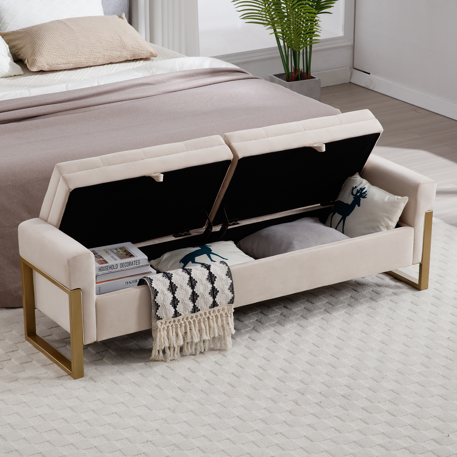 Cozy Castle Storage Bench – 43.3 Inch, Sherpa Upholstery, Gold Hairpin Legs, Yellow