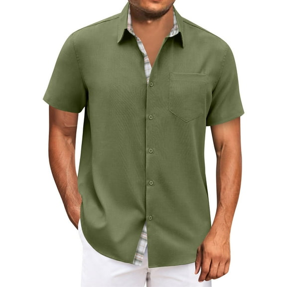 ADSSDQ Mens Shirt Casual Cuban Short Sleeve Button Down Cotton Summer Beach Solid Color Shirts with Pocket Army Green 4XL