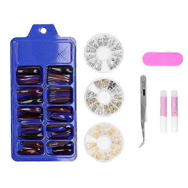 ABS Long Colored False Nails Artificial Full Cover Nail Manicure Tips Stickers with Case 51