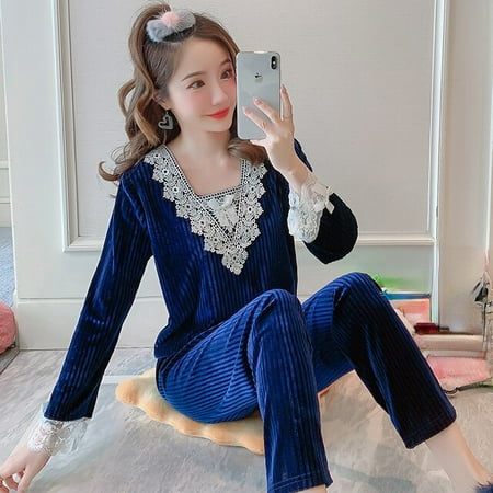 

DanceeMangoo New Lace V-neck Pajamas Autumn Winter Womens Warm Flannel Long Sleeve Pajamas Set Loose Adult Women Sleepwear Set Soft Home