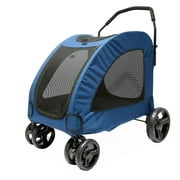 Pet Stroller Foldable Dog Cat Travel Carriage with Rear Door EVA Wheel Brake Mesh Window Safety Leash Medium Large Dog