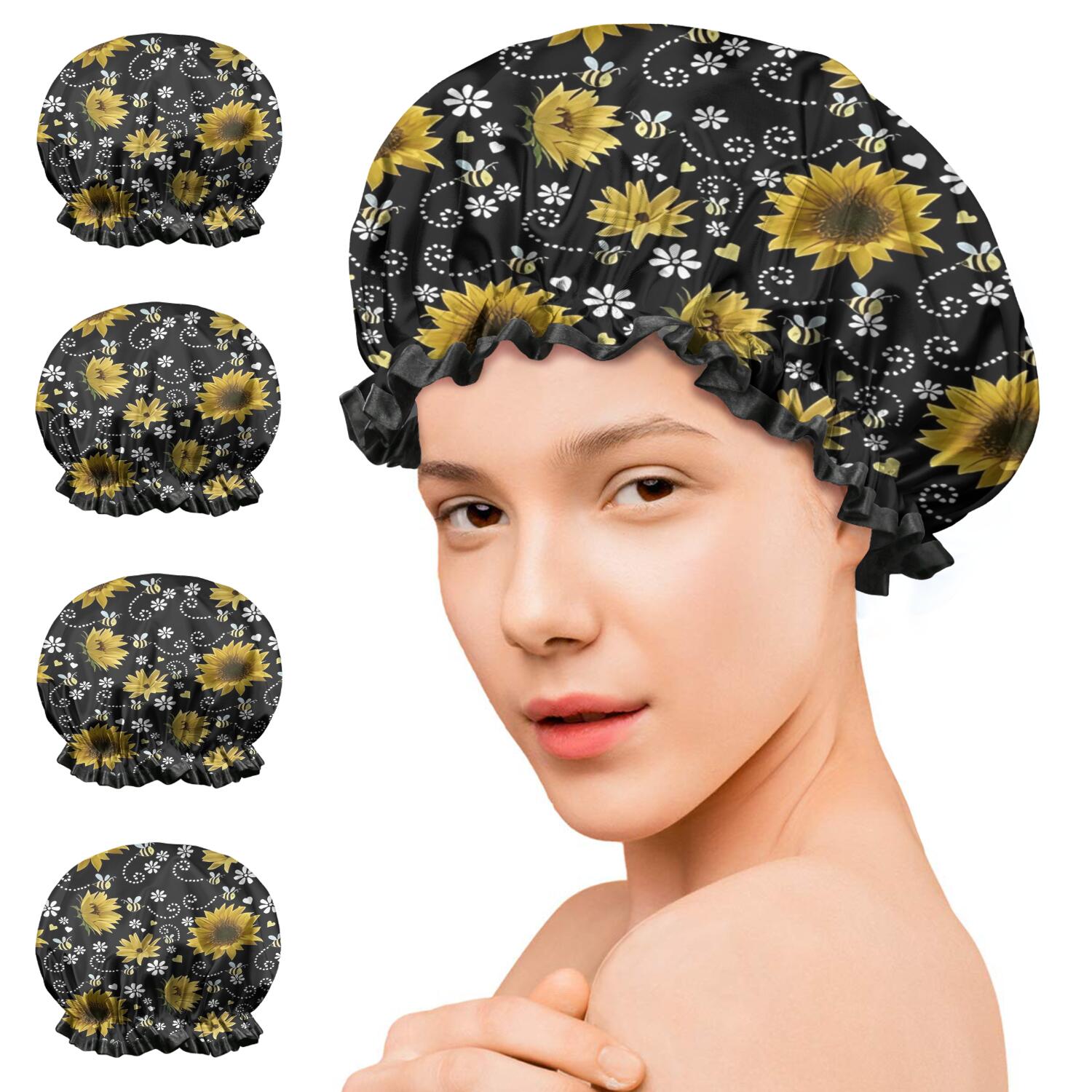 Shower Caps,Black White Bee Heart Sunflower Pattern Waterproof Shower Cap for Women 4 Pieces,Double Reusable Hair Cover for Shower PEVA Elastic Stretch Hem