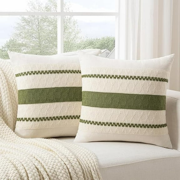 Pillow Cover Set of 2 Boho Moss Green Euro Decorative Throw Pillow Cover 26x26 Inch for Couch Bed Bedroom, Aesthetic Modern Organic Farmhouse Room Decor, Soft Cotton Accent Macrame Woven Cushion Case