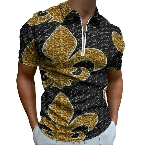 Black And Gold Fleur De Lis Men Zipper T-shirt Summer Casual Short Sleeve T-shirt Top
