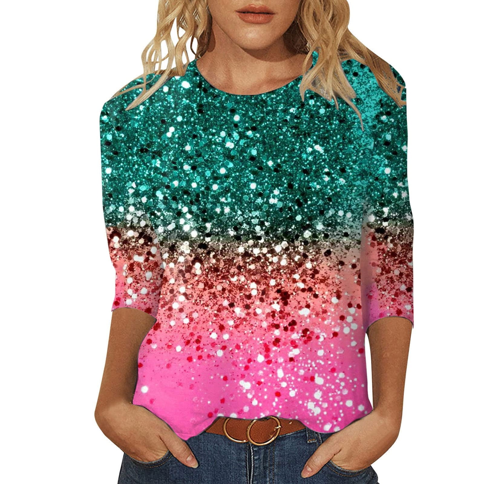 Joau Summer Tops for Women 2024, Women's Summer Three Quarter Sleeve  Crewneck T Shirts Casual Gradient Color Glitter Tunic Tops Loose Blouses  S-XXL