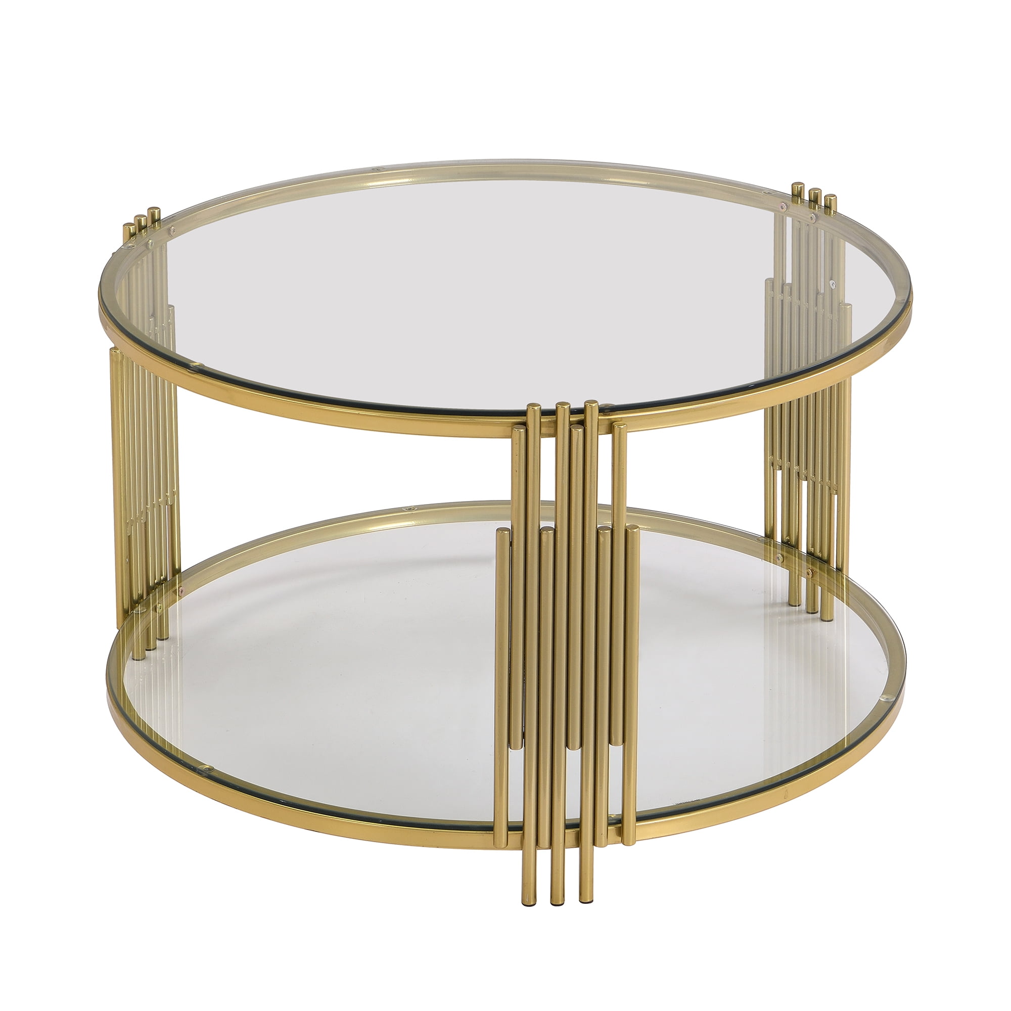 EUROCO 31.5" Round Coffee Table,Modern Tempered Glass Tea Table with Metal Base,Gold Finish and Lower Shelf,2 Tier Circle Dining Table for Study Room Reception Room,Transparent