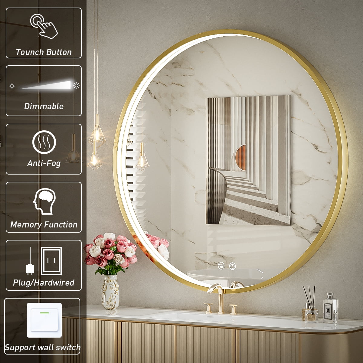 FTOTI 32" Round Gold LED Bathroom Mirror - Anti-Fog, Dimmable Touch, IP54 Waterproof, 90+ CRI, Wall Mounted