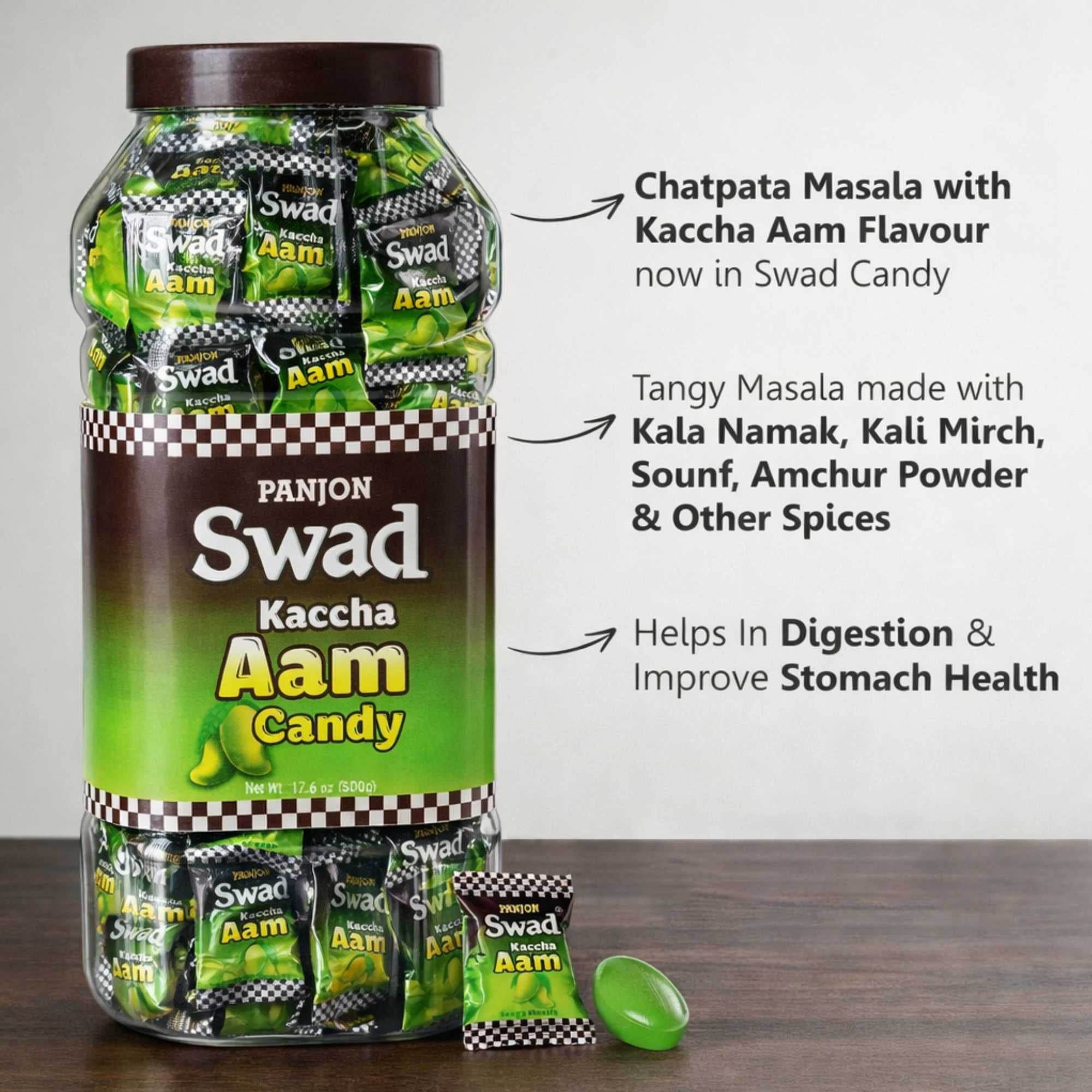 Panjon Swad Kaccha Aam Candy 500g Jar – Raw Mango Flavor Hard Candy | Sweet & Tangy Treat